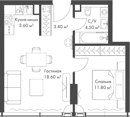 2-комн., 41.9 м², 25/37 этаж, ЖК «Слава»