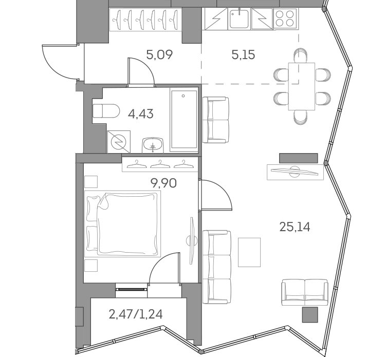 2-комн., 49.71 м², 19/28 этаж, ЖК «Аквилон БИСАЙД 2.0»