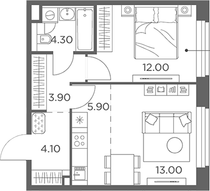 2-комн., 43.2 м², 6/23 этаж, ЖК «Белый Град»