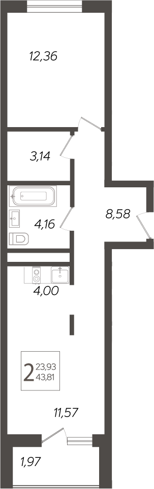 2-комн., 45.13 м², 2/19 этаж, ЖК «Кислород»