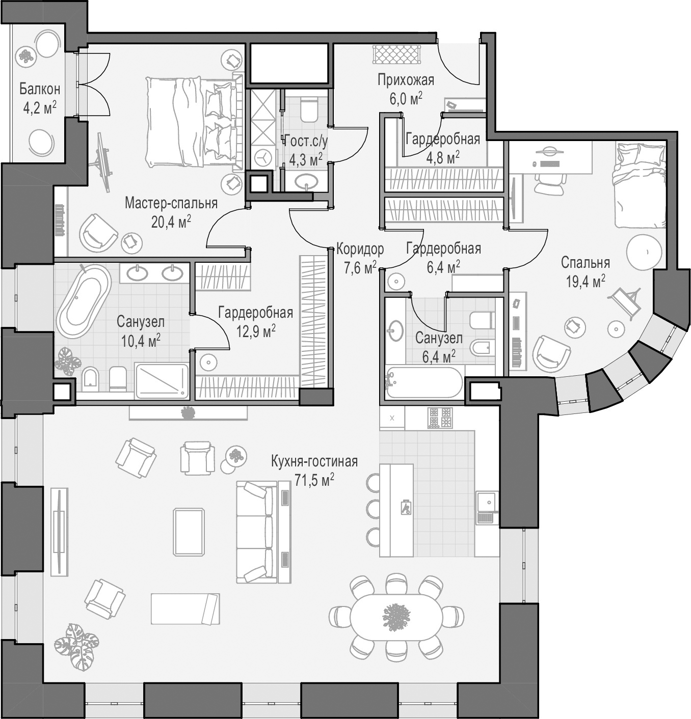 3-комн., 170.1 м², 3/7 этаж, ЖК «Фон Дессин»