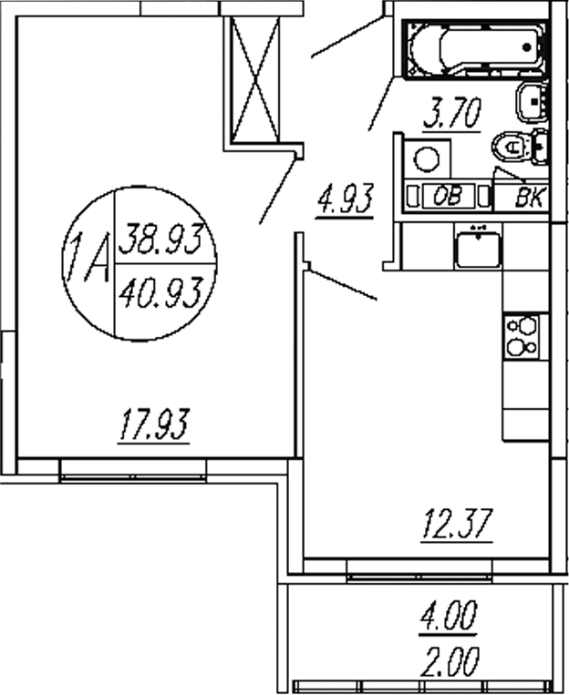 1-комн., 38.93 м², 4/4 этаж, ЖК «Шолохово»