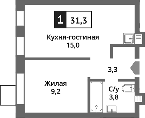 2-комн., 31.3 м², 6/6 этаж, ЖК «Никольский квартал Отрада»