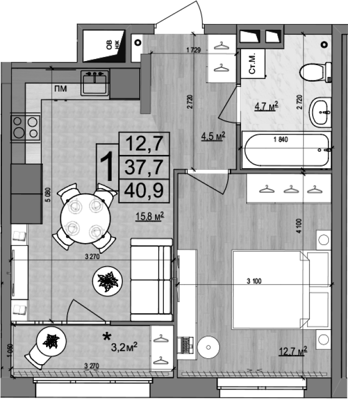 2-комн., 37.7 м², 17/18 этаж, ЖК «Гранд Комфорт»