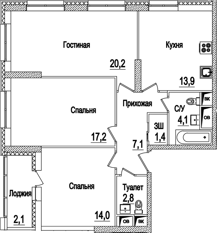3-комн., 80.7 м², 21/22 этаж, ЖК «Рассказово»