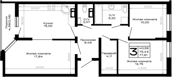 3-комн., 75.43 м², 4/16 этаж, ЖК «Горные высоты»