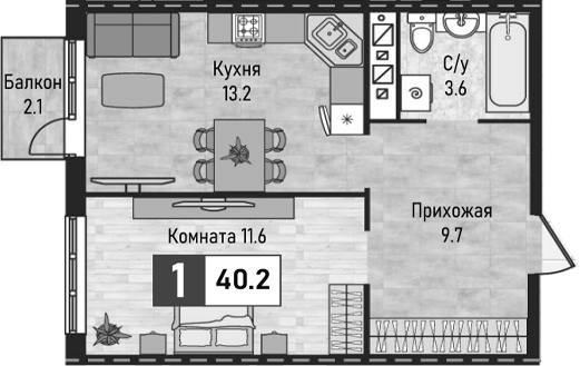 1-комн., 38.1 м², 6/10 этаж, ЖК «Живописный»