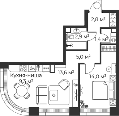 2-комн., 49.2 м², 4/38 этаж, ЖК «Веер»