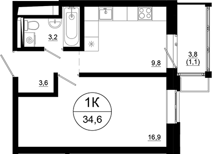 1-комн., 33.5 м², 18/21 этаж, ЖК «Союзный»