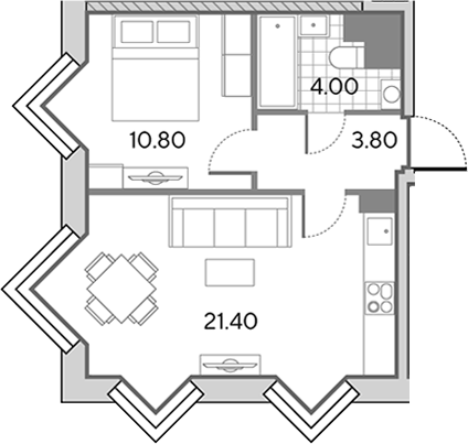 2-комн., 40 м², 27/30 этаж, ЖК «Вейв»