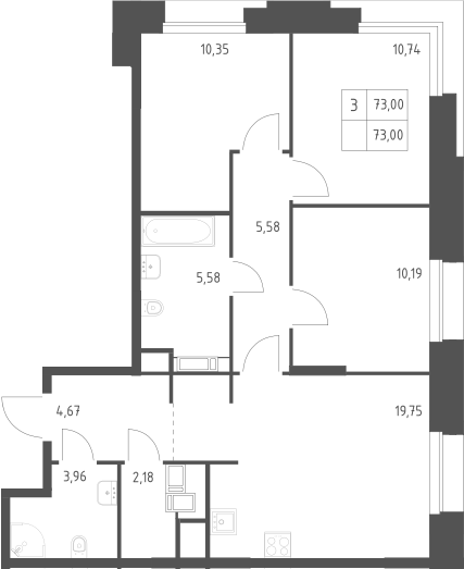 3-комн., 73 м², 8/23 этаж, ЖК «Тропарево Парк»