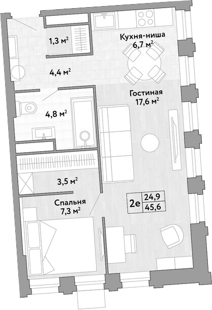 2-комн., 45.6 м², 30/30 этаж, ЖК «Новые Смыслы»