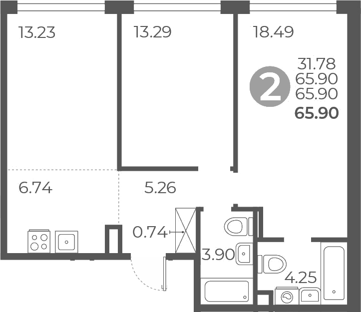 2-комн., 65.9 м², 2/9 этаж, ЖК «Мневники от Гранель»