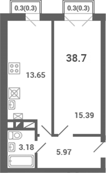 1-комн., 38.1 м², 4/4 этаж, ЖК «Южная Долина»