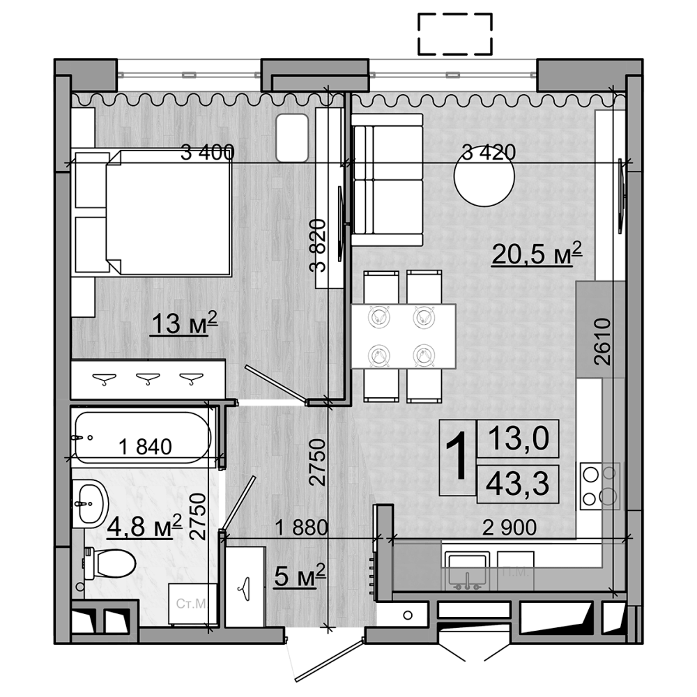 2-комн., 43.3 м², 2/18 этаж, ЖК «Гранд Комфорт»