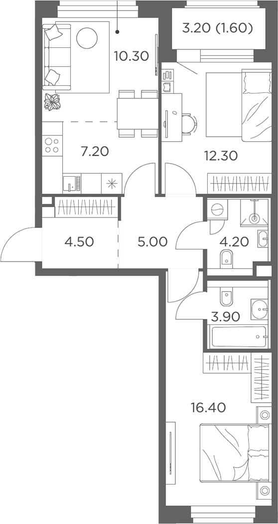3-комн., 63.8 м², 21/23 этаж, ЖК «Белый Град»