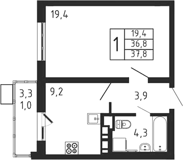 1-комн., 36.8 м², 3/9 этаж, ЖК «Пироговская ривьера. Мытищи»