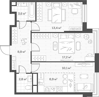 3-комн., 62.8 м², 7/12 этаж, ЖК «Аристов Берег»
