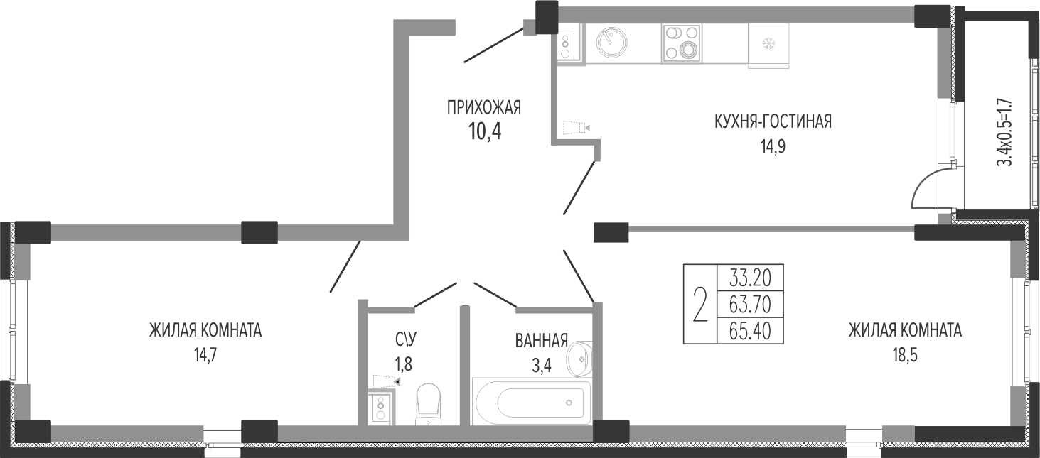 2-комн. квартира, 65.3 м² в ЖК Екатерининский парк — фото 2