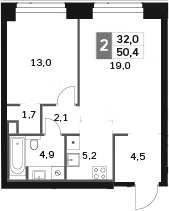 2-комн., 50.4 м², 7/58 этаж, ЖК «Амбер Сити»