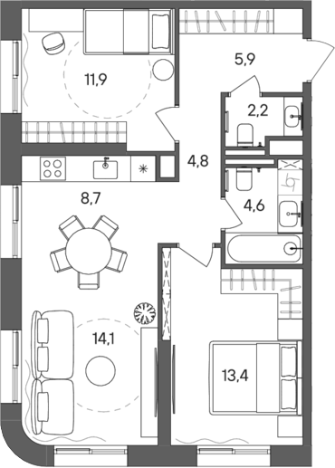3-комн., 65.6 м², 7/28 этаж, ЖК «СТОУН Сокольники»