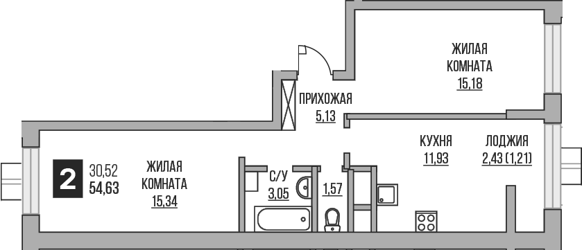 2-комн., 52.2 м², 16/24 этаж, ЖК «Гранель Пехра»