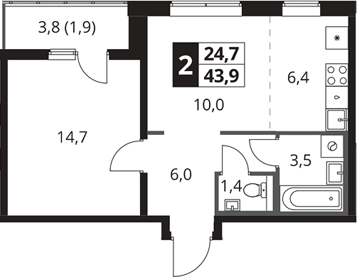 2-комн., 42 м², 2/25 этаж, ЖК «1-й Южный»