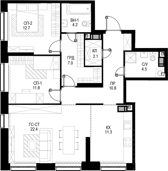 3-комн., 86.8 м², 6/28 этаж, ЖК «Трилогия «Кристалл»»