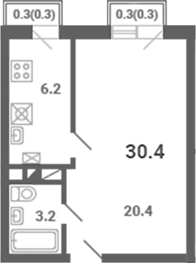 1-комн., 29.8 м², 2/4 этаж, ЖК «Южная Долина»