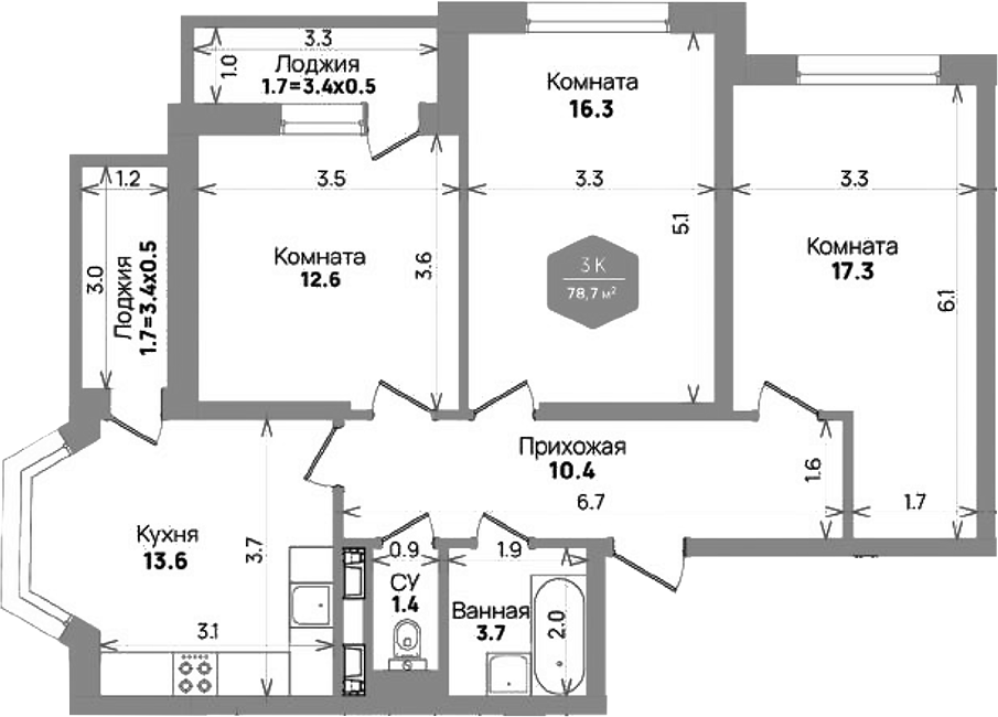 3-комн. квартира, 75.3 м² в ЖК Бауинвест — фото 2