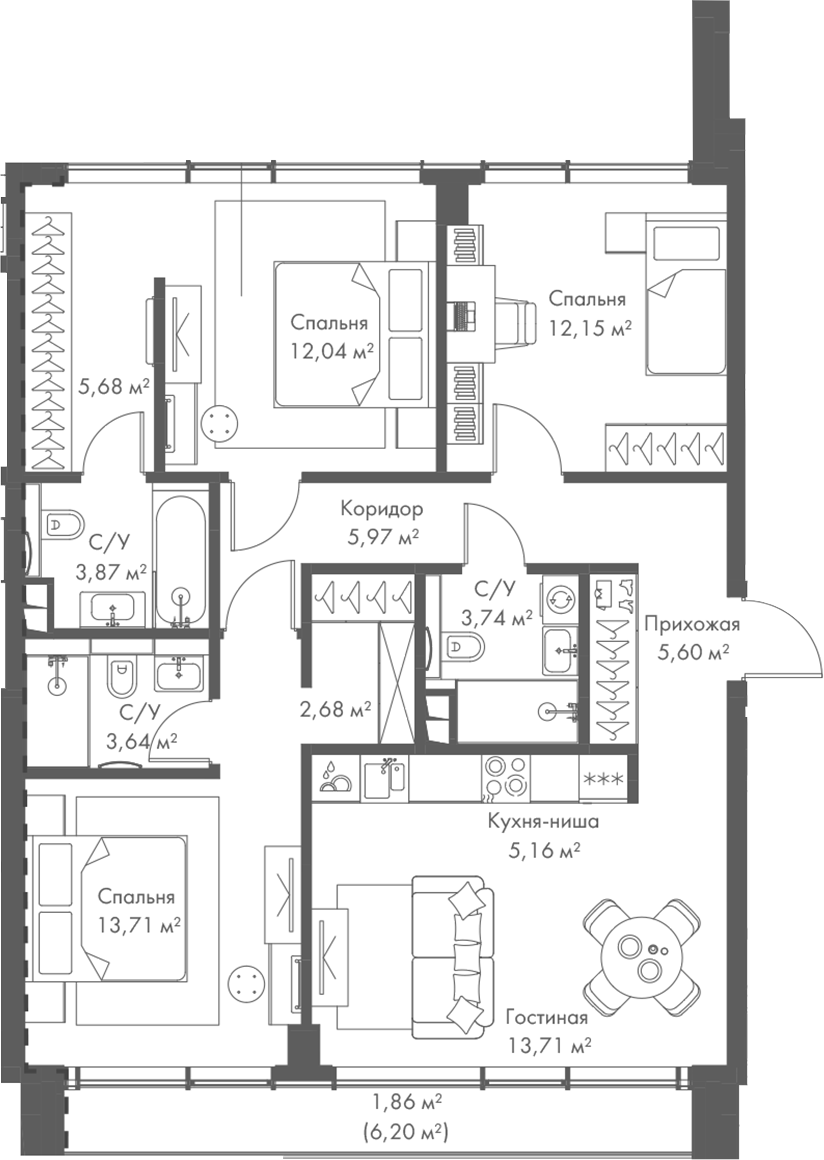 4+ комнаты, 87.95 м², 2/23 этаж, ЖК «МИРА»