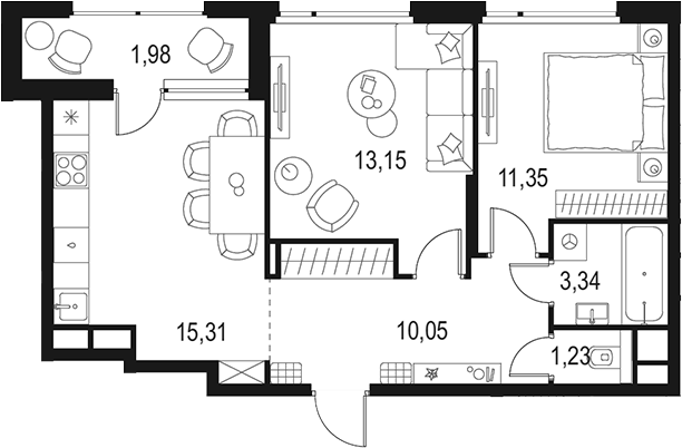 2-комн., 54.43 м², 15/15 этаж, ЖК «Левел Лесной»