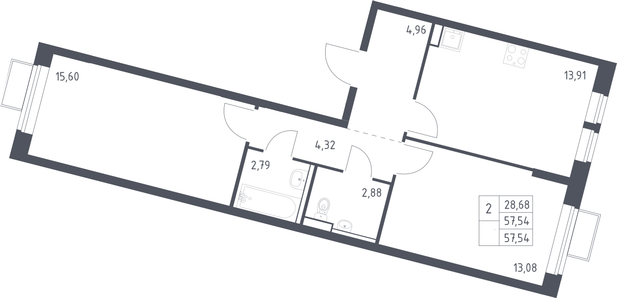 2-комн., 57.54 м², 11/13 этаж, ЖК «Молжаниново»