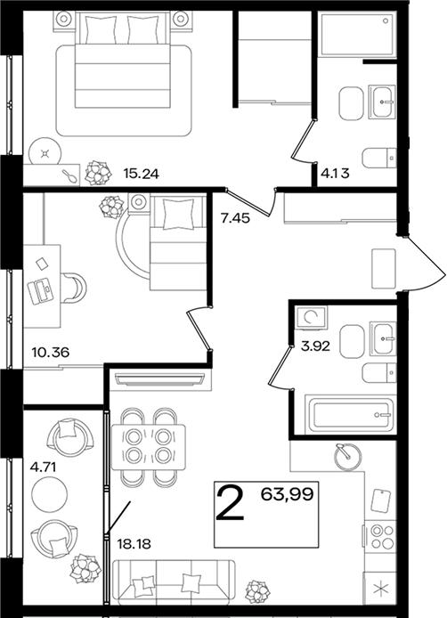 3-комн. квартира, 59.28 м² в ЖК Патрики — фото 2