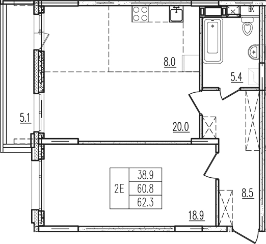 2-комн., 60.8 м², 8/9 этаж, ЖК «Пироговская ривьера. Мытищи»