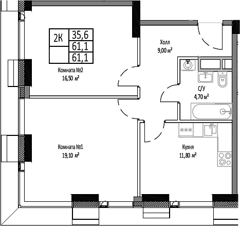 2-комн., 61.1 м², 14/35 этаж, ЖК «Мираполис»