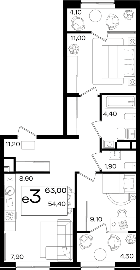 3-комн. квартира, 54.4 м² в ЖК Патрики — фото 2