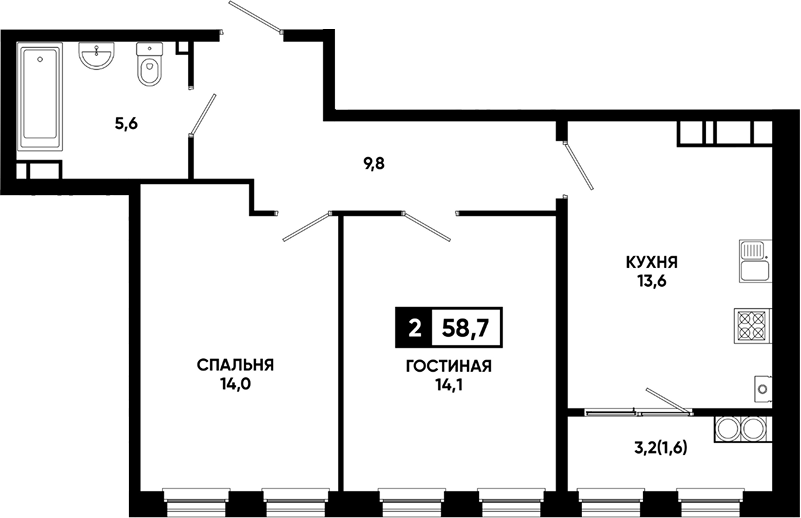 2-комн., 57.1 м², 19/24 этаж, ЖК «Резиденция Софи»