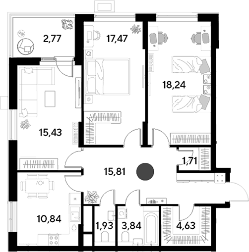 3-комн., 89.9 м², 18/25 этаж, ЖК «ЭВО»
