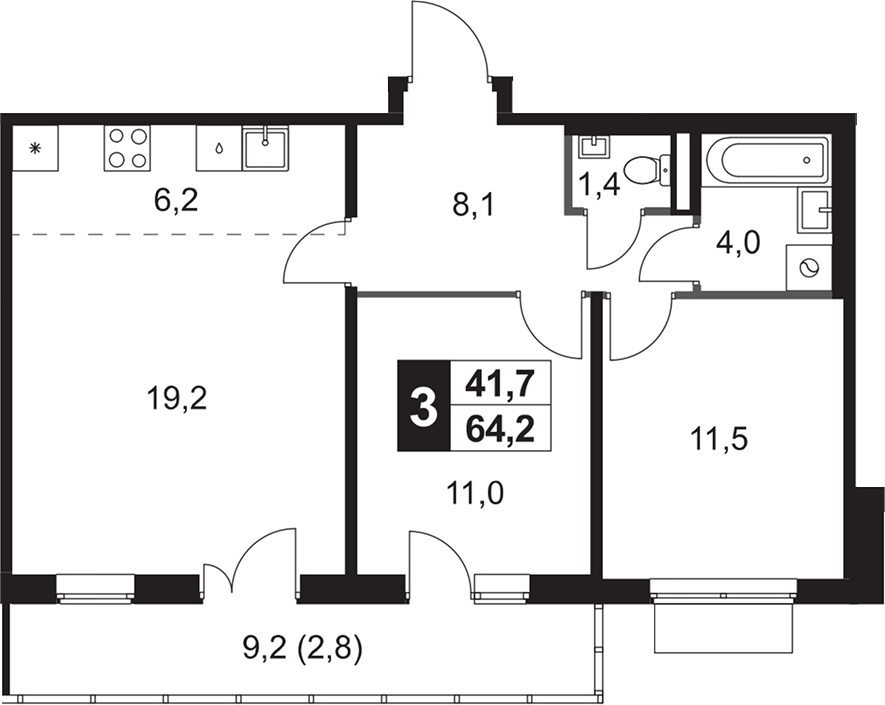3-комн., 61.4 м², 3/5 этаж, ЖК «1-й Ясеневский»