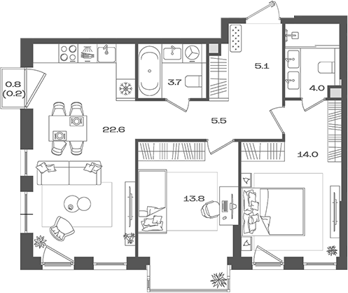 3-комн., 68.7 м², 13/27 этаж, ЖК «Пейв»