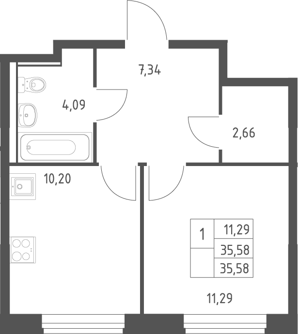 1-комн., 35.58 м², 2/17 этаж, ЖК «Квартал Ивакино»