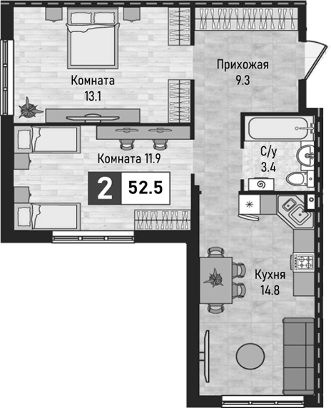 2-комн., 52.5 м², 1/10 этаж, ЖК «Живописный»
