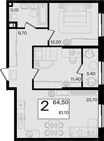 3-комн. квартира, 61.1 м² в ЖК Патрики — фото 3
