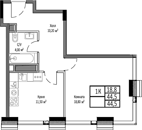 1-комн., 44.5 м², 24/35 этаж, ЖК «Мираполис»