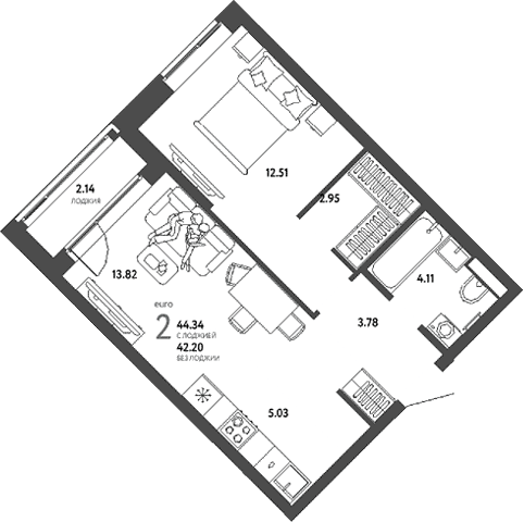 2-комн., 42.2 м², 23/25 этаж, ЖК «Страна.Парковая»