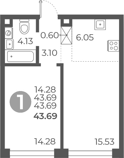 1-комн., 43.69 м², 8/9 этаж, ЖК «Мневники от Гранель»