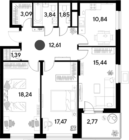 3-комн., 84.77 м², 25/25 этаж, ЖК «ЭВО»