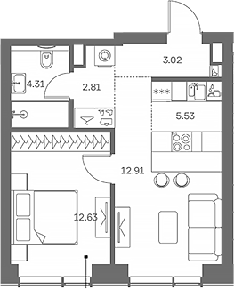 2-комн., 42.48 м², 8/41 этаж, ЖК «TATE»
