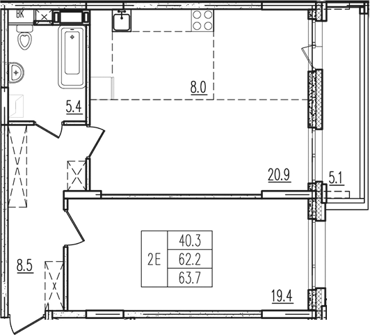2-комн., 62.2 м², 4/9 этаж, ЖК «Пироговская ривьера. Мытищи»